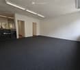 Empty room with white walls, dark blue carpet, and a black shelving unit with books and papers. Two doors lead to adjacent spaces.