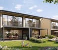 Modern two-story house with large windows and balconies, surrounded by a well-maintained garden with lawn, potted plants, outdoor furniture, and people relaxing on lounge chairs.