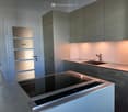Kitchen. Modern kitchen with grey cabinets, a built-in induction cooktop, and a sink with a modern faucet.
