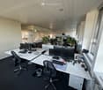 modern office space with white desks, black chairs, computer monitors, keyboards, and potted plants