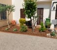 Well-maintained garden area with gravel, small trees, shrubs, and decorative elements near a house entrance.