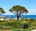A lush garden area with dense green bushes and trees, overlooking the sea with a clear blue sky and distant sailboats visible on the water.