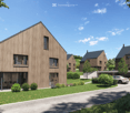 Modern wooden house with large windows, a raised ground floor, and a parking area.