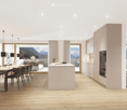 Open-plan living and dining area with modern furniture, large windows offering a scenic mountain view, and a sleek kitchen island.