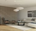 Modern living room with a fireplace, white sofa, coffee table, wooden chair, ottoman, and artwork on the wall.