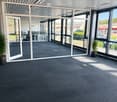 Empty room with large glass walls and doors, carpeted floor, and potted plants near the windows.