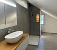 modern bathroom with a large sink, shower, and toilet