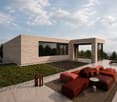 Modern rooftop terrace with a red sectional sofa, small tables, and a lounge chair, overlooking a scenic view with trees and a clear sky.