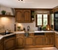 A well-equipped kitchen with wooden cabinets, a marble countertop, and various appliances including an oven, microwave, coffee maker, and dishwasher. The space features a sink with a modern faucet, a small potted plant, and decorative bottles on the count