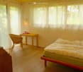 Bright bedroom with wooden flooring, large windows with sheer curtains, a bed with a green mattress and floral duvet, a wicker chair, a small wooden table with a plant, and a wall-mounted lamp.