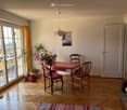 dining room with wooden floor, large windows, table, chairs, plants, rug, couch, lamp