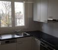 Modern kitchen with white cabinets, granite countertops, stainless steel sink, dishwasher, and electric stove. Large windows provide natural light.