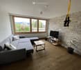 Modern living room with wooden flooring, large windows offering a scenic view, grey sectional sofa, coffee table, ottoman, TV stand, and potted plants.