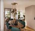 Dining room with wooden table, green chairs, laptop, and a chandelier