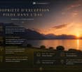 Promotional image for a lakeside property in Montreux, featuring a serene sunset view over Lake Geneva with mountains in the background, surrounded by a well-maintained lawn and trees.