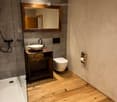 Modern bathroom with wooden flooring, a sink on a wooden vanity, a toilet, a large mirror with a wooden frame, and a shower area with a glass enclosure.