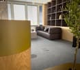 Modern, minimalist living room with grey carpet, large windows, dark brown leather sofa, small square table, wooden shelving unit, and a potted plant.