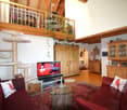 A spacious living room with exposed wooden beams, a red leather sofa, a glass coffee table, a cat tree, and a television. The room features a wooden cabinet, a balcony with hanging plants, and a cozy rug.