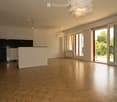 Open-plan unfurnished room with light wooden flooring, white walls, modern kitchen area with cabinets and a countertop, large windows and sliding glass doors leading to an outdoor area, and contemporary pendant lights.