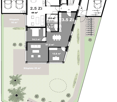 Floor Plan. Floor plan of a residential building with multiple rooms and outdoor seating areas. Includes labeled spaces such as living areas, bedrooms, and parking.