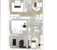 Floor plan of a modern apartment featuring a living room, dining area, kitchen, three bedrooms, and two bathrooms. The layout includes a central living space with a circular feature, a dining area with a table and chairs, and a kitchen with appliances.