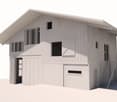 A modern, single-story house with a flat roof, white exterior, and multiple windows. Features include a garage with a large door, a staircase leading to an elevated section, and a covered entrance area.