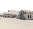 3D rendering of a modern residential complex with multiple buildings, including a garage, raised ground floor, and staircase leading to an upper level.