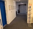 Clean, well-lit hallway with carpeted floor, white walls, and a blue door on the left. Framed certificates or awards are mounted on the wall, and a brochure rack is visible on the right side.