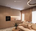 modern open layout, beige color palette, large couch, wooden coffee tables, built-in kitchen with an oven, natural light