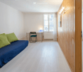 A small, modern bedroom with a blue sofa bed, a small desk with a chair, and a lamp on the desk. The room features light wooden walls and a large window with white curtains.