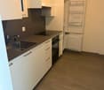 Modern kitchen with white cabinets, dark countertops, stainless steel sink, and built-in oven and refrigerator.