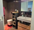 Bathroom. Modern bathroom with dark tiled walls, a white sink with a wooden cabinet, a toilet, a mirrored cabinet, and a shelf with toiletries. Red bath mats are placed on the floor.
