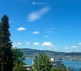 A scenic view of a cityscape across a lake, with trees in the foreground and distant hills under a clear blue sky.