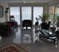Modern living room with large windows, a sofa, a coffee table, a lounge chair, a table lamp, and decorative plants.