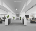 modern office space with large windows, high ceilings, white walls, black cabinets, gray carpet, multiple desks and chairs, large monitor on wall, plants