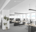 Office space with multiple desks, chairs, monitor, potted plants, large windows, modern design, carpeted floor, and ceiling-mounted lights