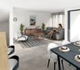 living room, dining room, kitchen, balcony, staircase