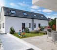White exterior, black tiled roof, modern design, exterior patio, garden, two lounge chairs, children playing with toys