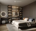 Modern bedroom with a large bed, nightstand, lamp, wardrobe with built-in lighting, and a sleek desk area.