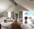 Modern living and dining area with a slanted ceiling, large windows offering a view, a beige sofa, a green coffee table, a dining table with white chairs, and decorative elements including a large mirror and a flower vase.