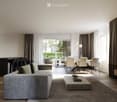 Modern living and dining area with a grey sofa, coffee table, dining table with chairs, and a television mounted on the wall. The space features large windows with curtains and a sleek black bar area with stools.