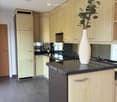 kitchen with wooden cabinets, dark countertop, sink with faucet, potted plant on counter, kitchen appliances