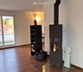A modern fireplace in a living room with wooden floors and glass door.
