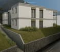 modern design, white exterior, raised ground floor, balcony, landscaped garden, mountain view