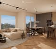 large windows, balcony, wooden floor, modern furniture, dining table, kitchen island