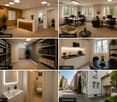 The collage showcases various interior spaces including a reception area, open workspace, archive room, kitchenette, bathroom, and exterior view. The reception area features a modern desk and potted plants. The open workspace has desks, office chairs, and