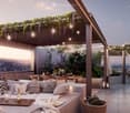 A modern rooftop terrace with a panoramic city view, featuring a lounge area with cushions, a dining table, and string lights, surrounded by lush greenery and decorative elements.
