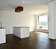 Modern, minimalist kitchen with white cabinets, a central island, and dark wooden flooring. Features a large window with a scenic view and a sleek, contemporary design.