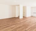Empty room with light wooden flooring and white walls, featuring a small kitchen area with white cabinets and a sink.