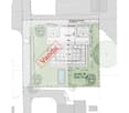Floor plan of a property showing layout, including a swimming pool, garden areas, and surrounding structures.